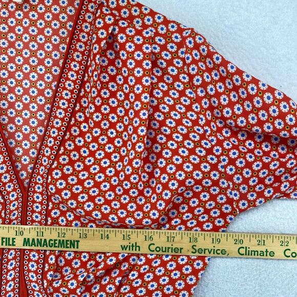 MAX STUDIO Top L Peasant Floral Print Blouse Smocked Tie Front 3/4 Sleeve Red - Picture 7 of 9